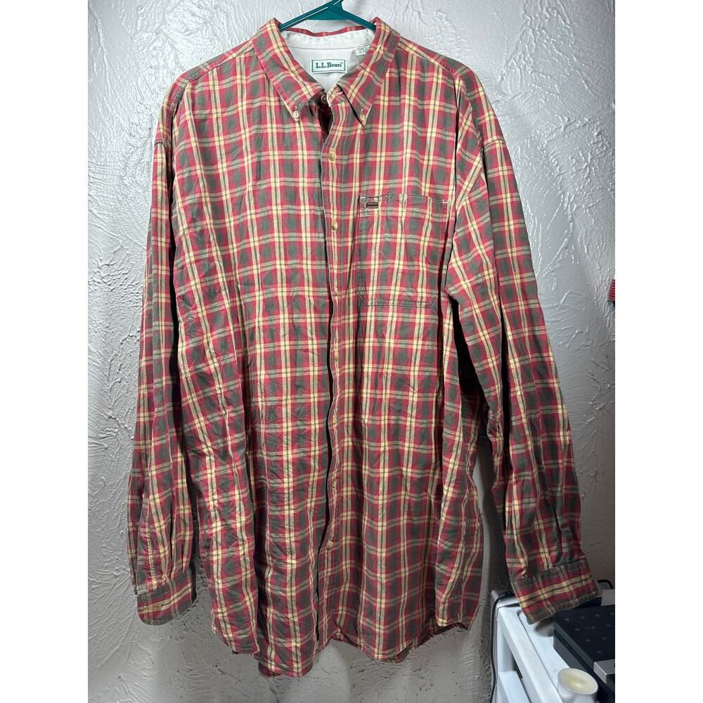 LL Bean Mens Tall Long Sleeve Shirt Green Tan Red Cotton Plaid Cotton Size XLT